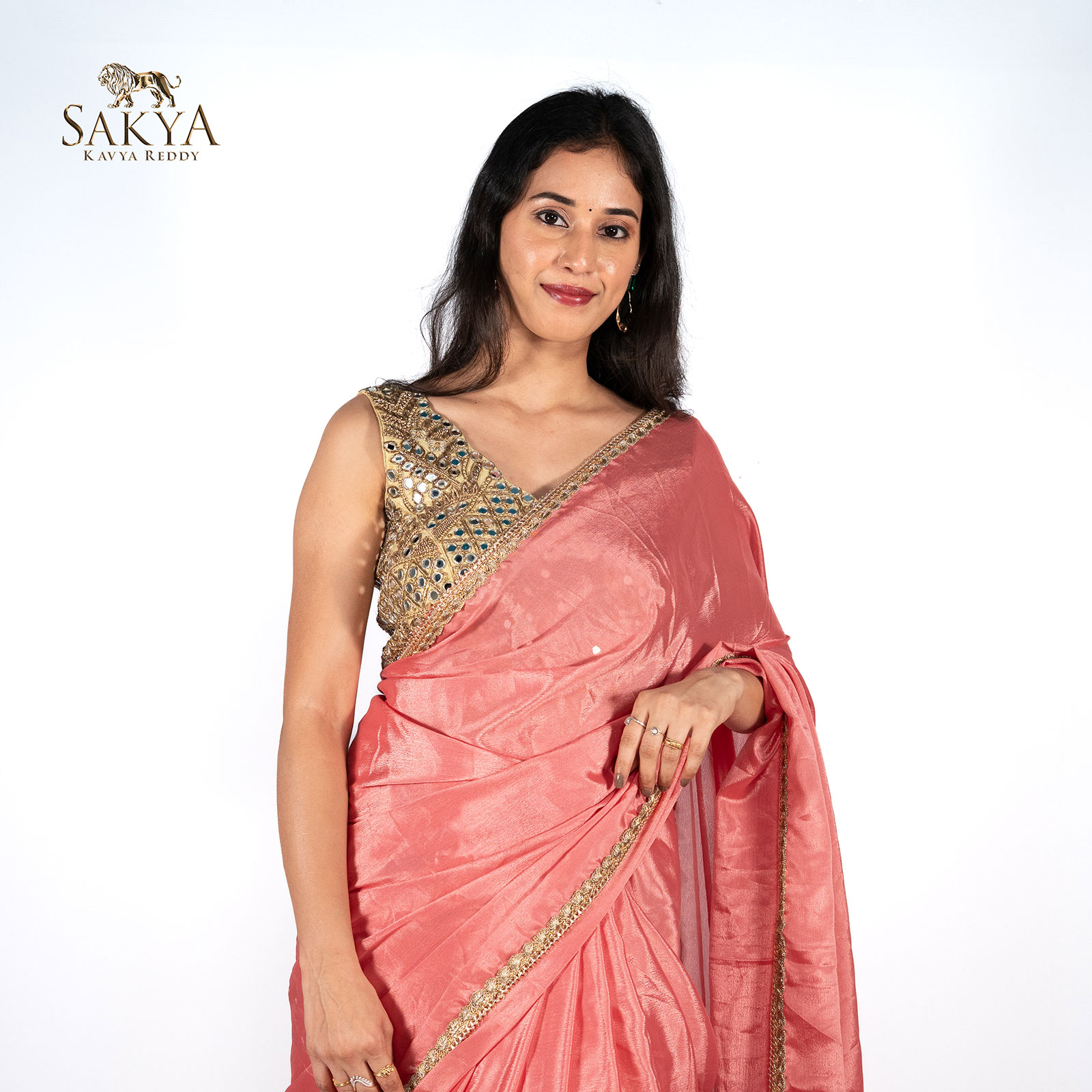 Elegant Chinon Saree With Mirror Work Blouse