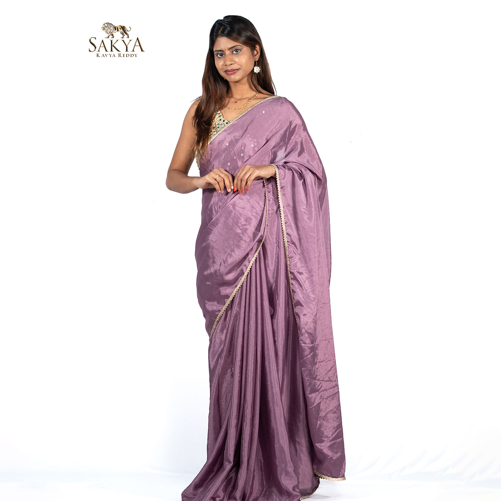 Elegant Chinon Saree With Mirror Work Blouse